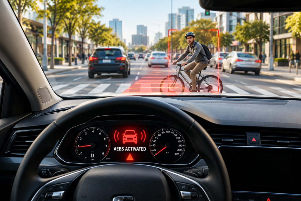 Vehicle detection prompts an emergency braking warning AEBS compliance in India showing an Advanced Emergency Braking System detecting a cyclist and activating automatic braking.